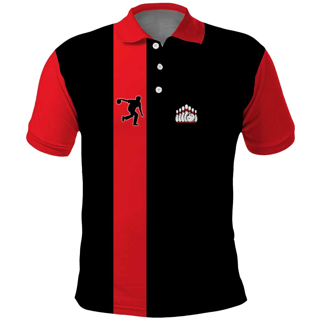 Custom Red and Black Bowling Polo Shirt with Strike Explosion Graphic Custom Name and Bowler Silhouette - Wonder Print Shop