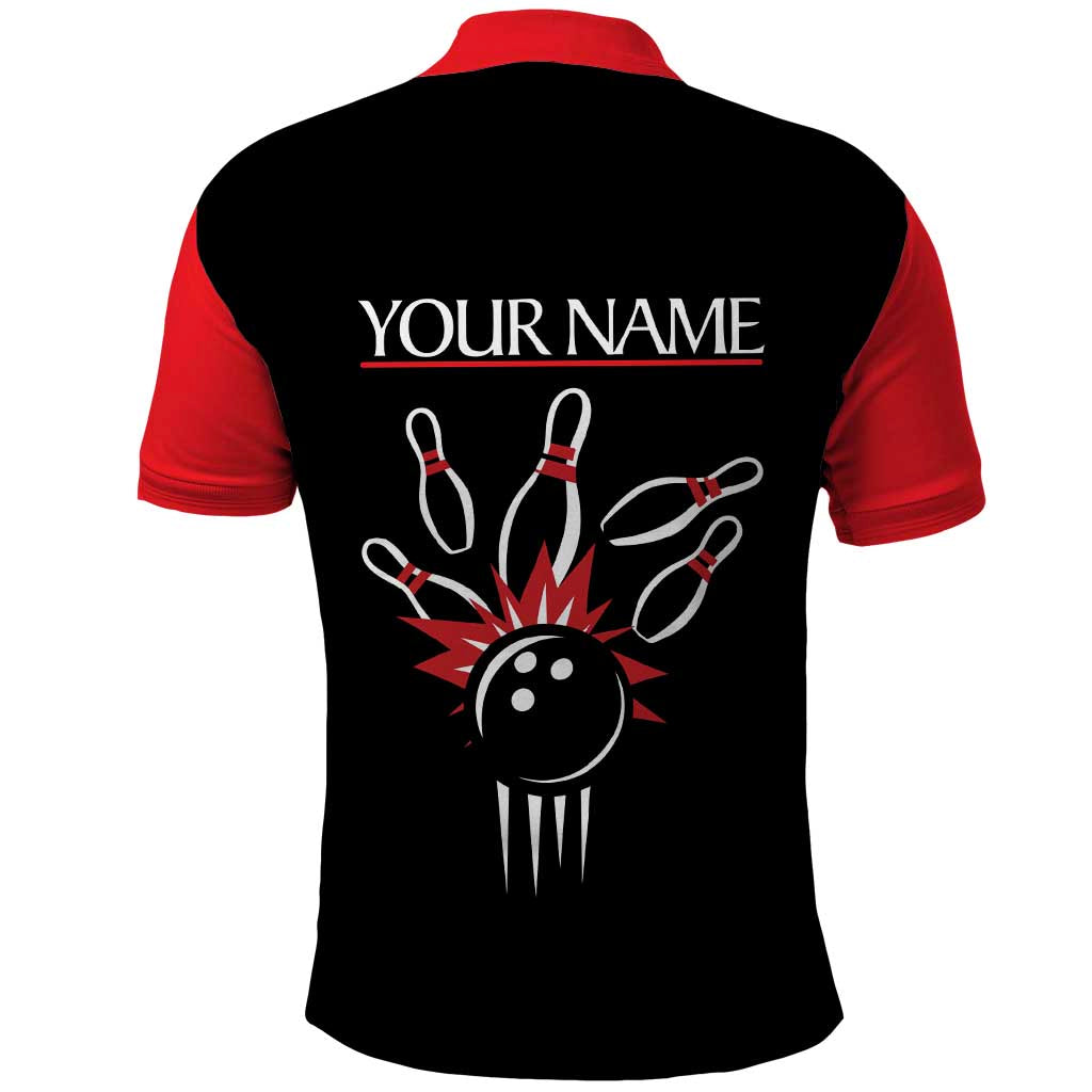 Custom Red and Black Bowling Polo Shirt with Strike Explosion Graphic Custom Name and Bowler Silhouette - Wonder Print Shop