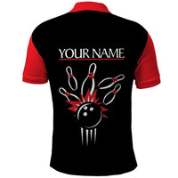 Custom Red and Black Bowling Polo Shirt with Strike Explosion Graphic Custom Name and Bowler Silhouette - Wonder Print Shop