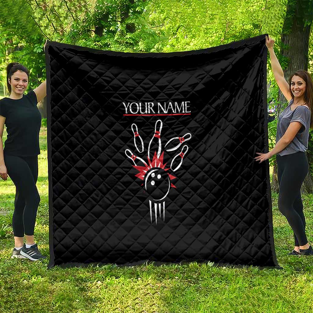 Custom Red and Black Bowling Quilt with Strike Explosion Graphic Custom Name and Bowler Silhouette - Wonder Print Shop