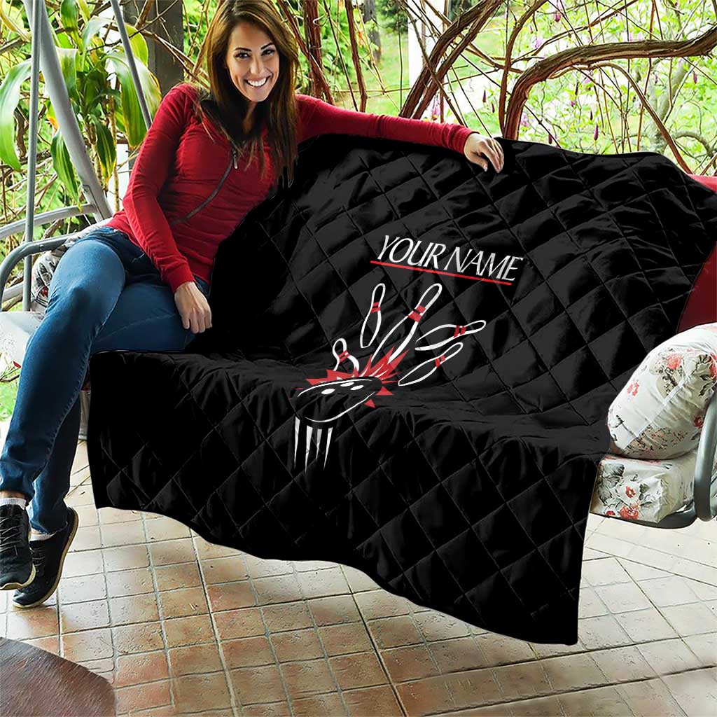Custom Red and Black Bowling Quilt with Strike Explosion Graphic Custom Name and Bowler Silhouette - Wonder Print Shop