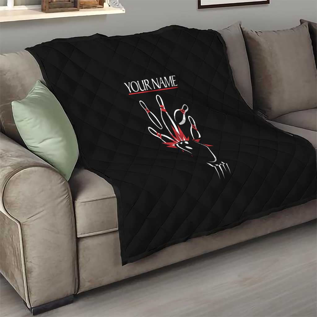 Custom Red and Black Bowling Quilt with Strike Explosion Graphic Custom Name and Bowler Silhouette - Wonder Print Shop