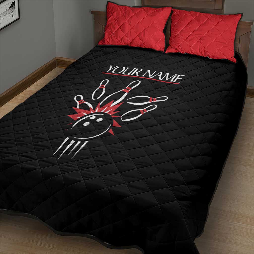Custom Red and Black Bowling Quilt Bed Set with Strike Explosion Graphic Custom Name and Bowler Silhouette - Wonder Print Shop