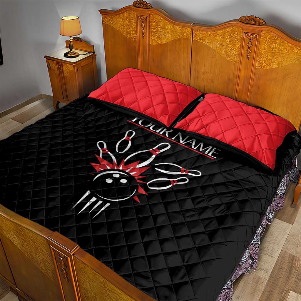 Custom Red and Black Bowling Quilt Bed Set with Strike Explosion Graphic Custom Name and Bowler Silhouette - Wonder Print Shop