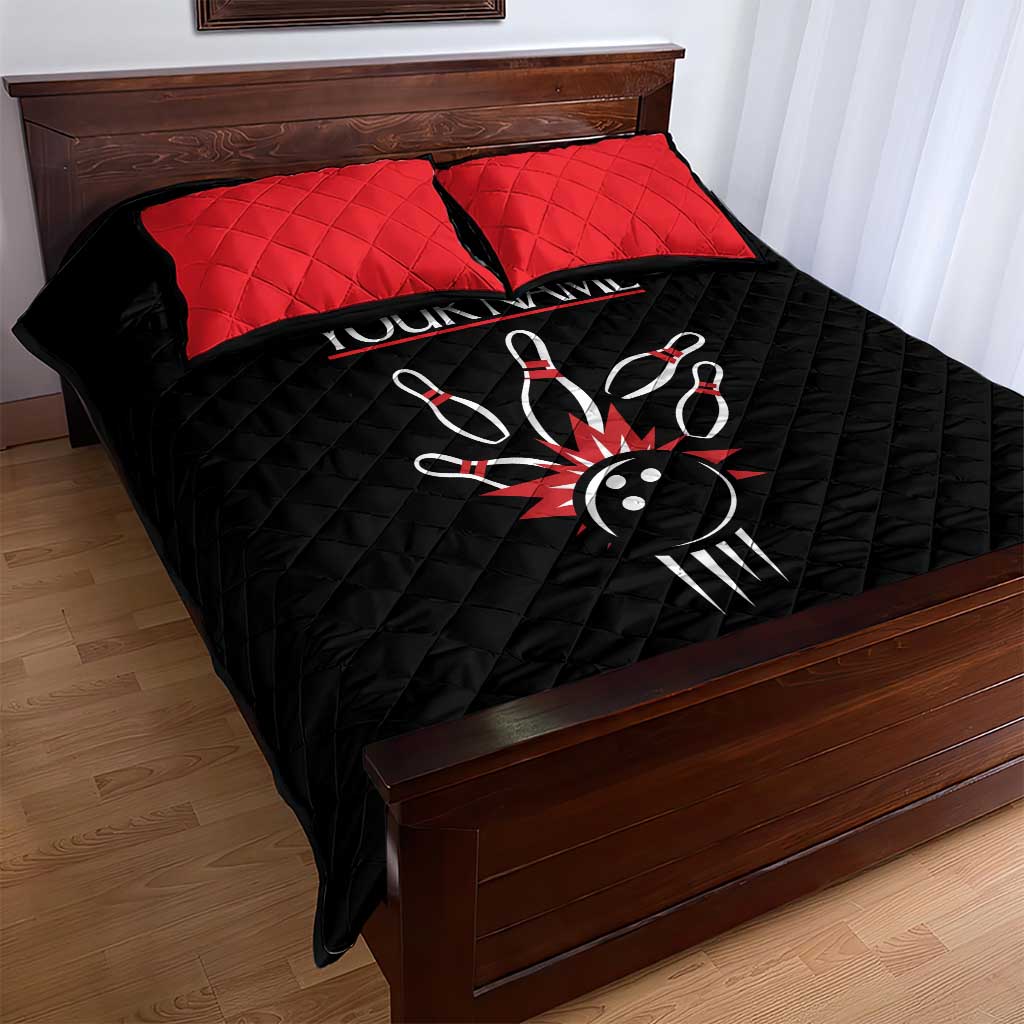 Custom Red and Black Bowling Quilt Bed Set with Strike Explosion Graphic Custom Name and Bowler Silhouette - Wonder Print Shop