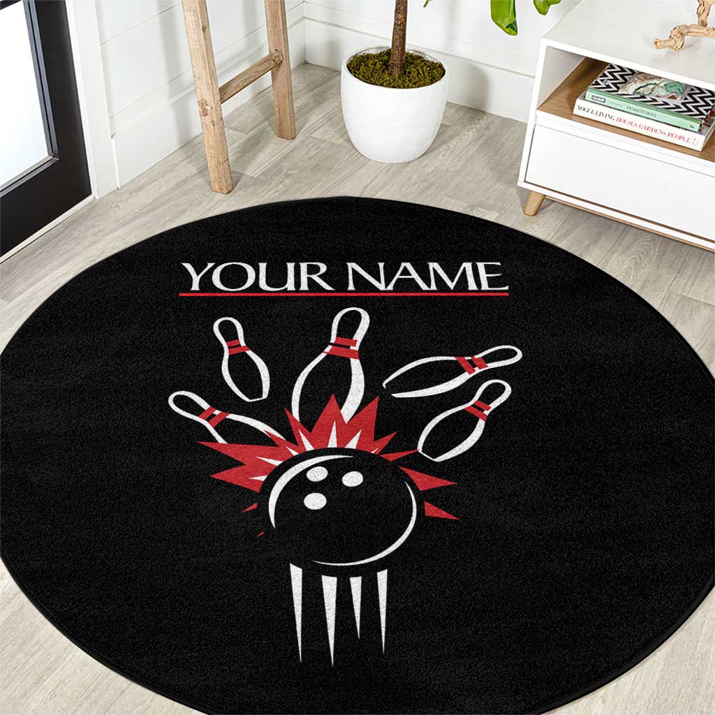 Custom Red and Black Bowling Round Carpet with Strike Explosion Graphic Custom Name and Bowler Silhouette - Wonder Print Shop
