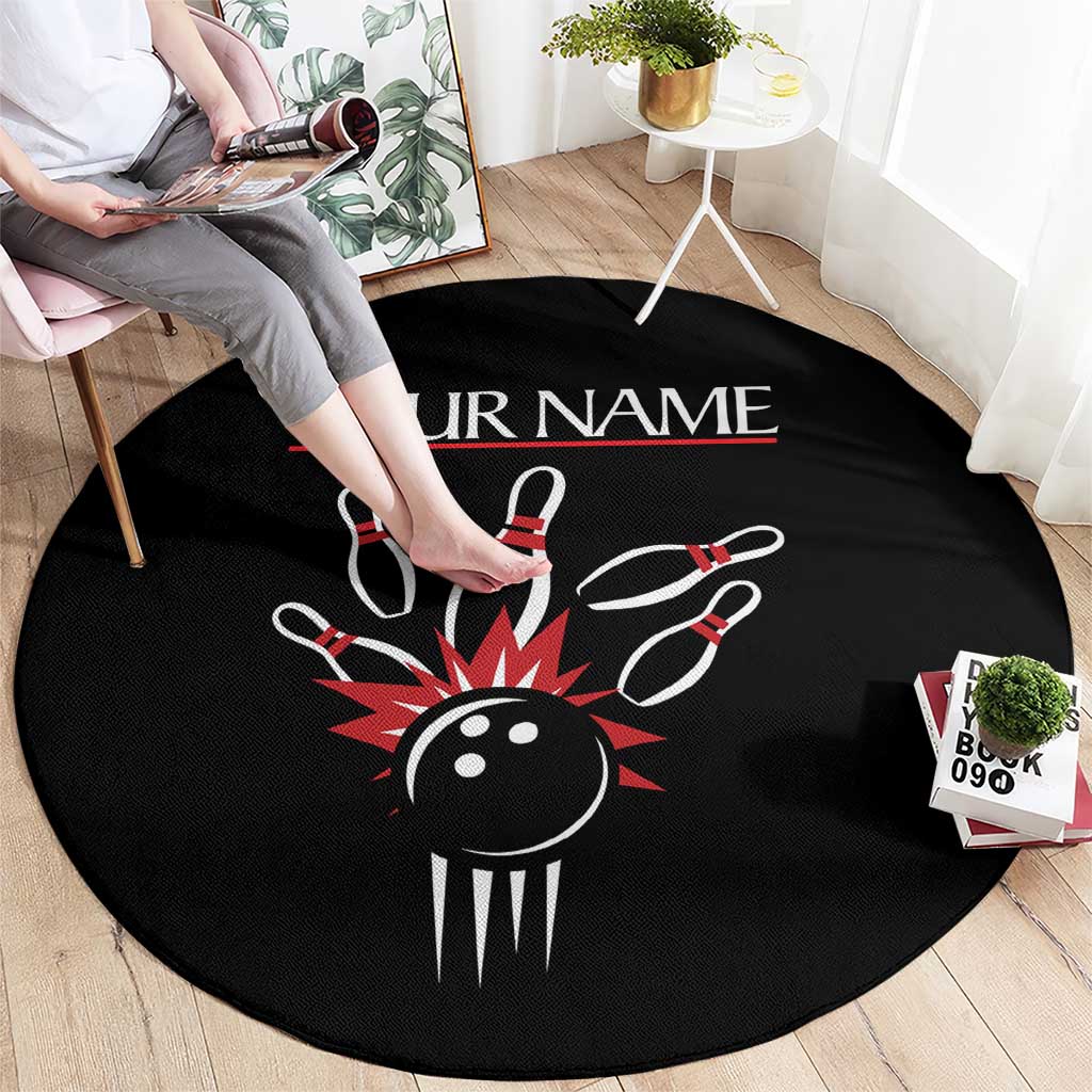 Custom Red and Black Bowling Round Carpet with Strike Explosion Graphic Custom Name and Bowler Silhouette - Wonder Print Shop