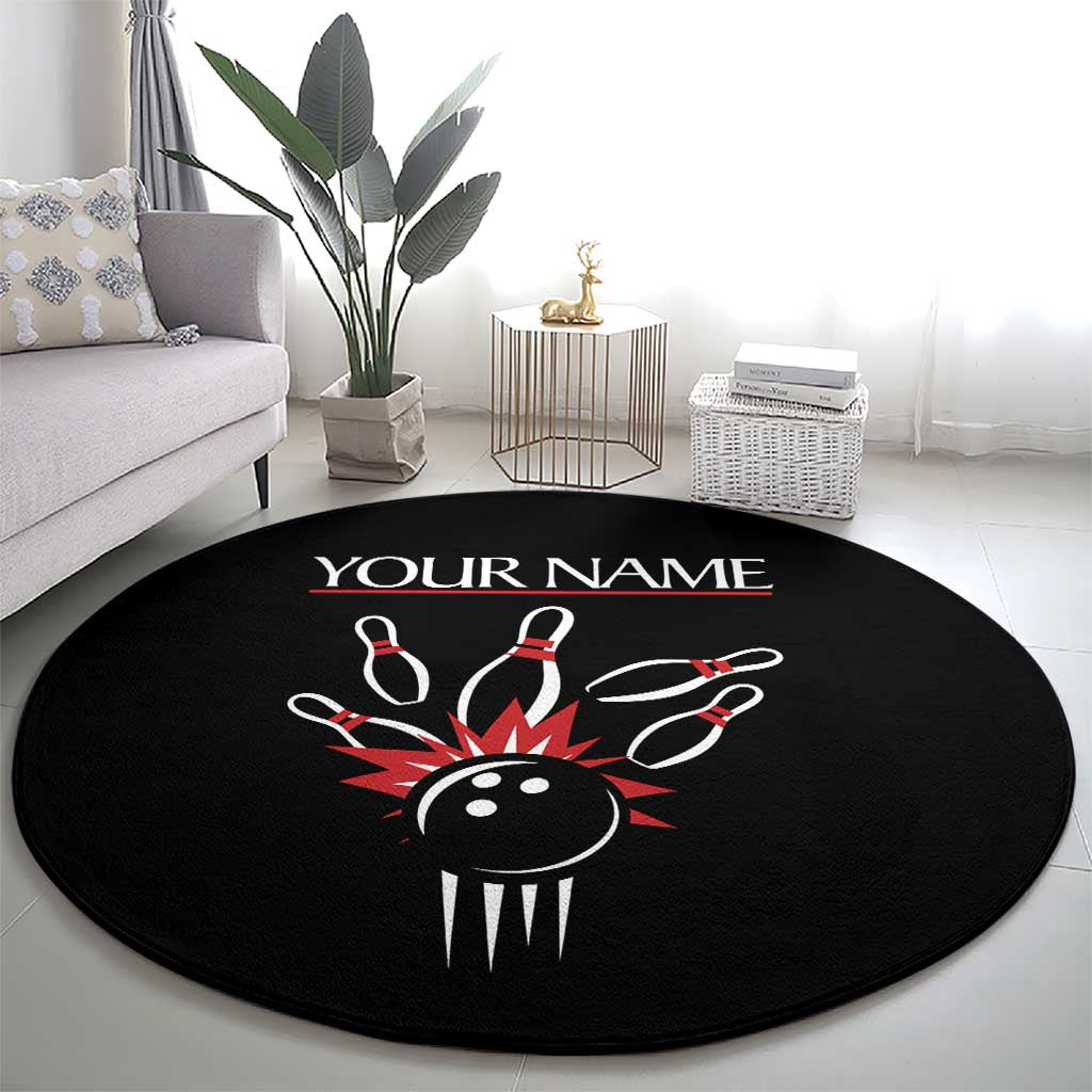 Custom Red and Black Bowling Round Carpet with Strike Explosion Graphic Custom Name and Bowler Silhouette - Wonder Print Shop