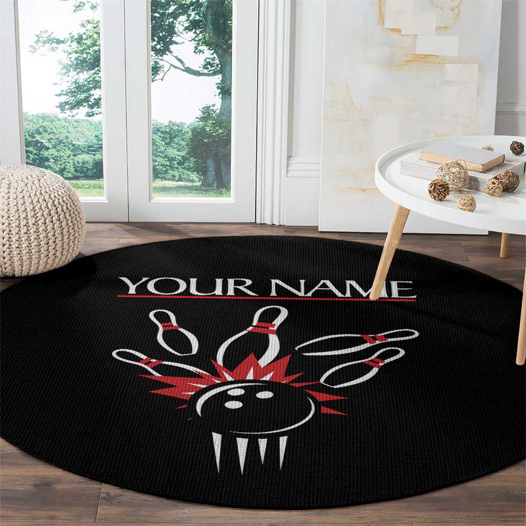 Custom Red and Black Bowling Round Carpet with Strike Explosion Graphic Custom Name and Bowler Silhouette - Wonder Print Shop
