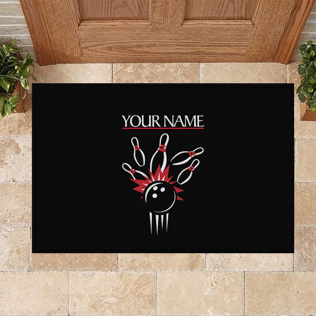 Custom Red and Black Bowling Rubber Doormat with Strike Explosion Graphic Custom Name and Bowler Silhouette - Wonder Print Shop