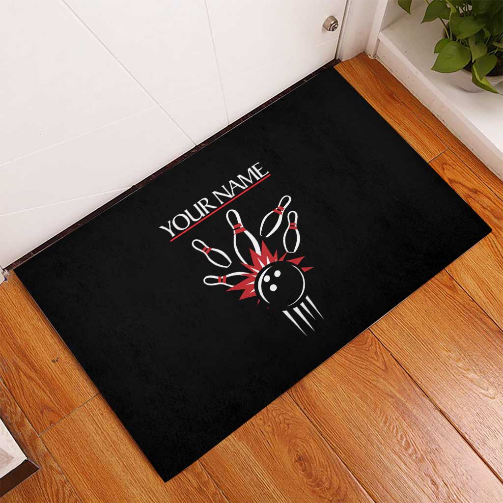 Custom Red and Black Bowling Rubber Doormat with Strike Explosion Graphic Custom Name and Bowler Silhouette - Wonder Print Shop