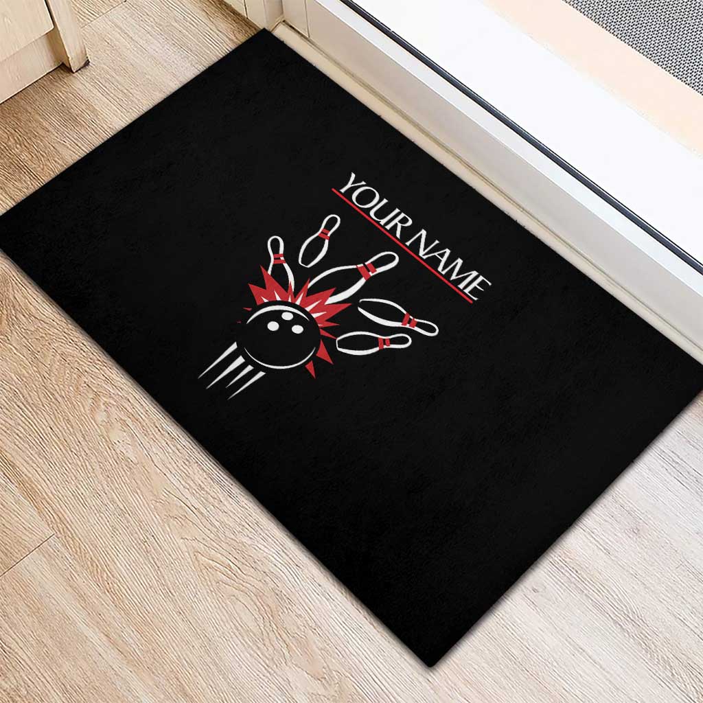 Custom Red and Black Bowling Rubber Doormat with Strike Explosion Graphic Custom Name and Bowler Silhouette - Wonder Print Shop