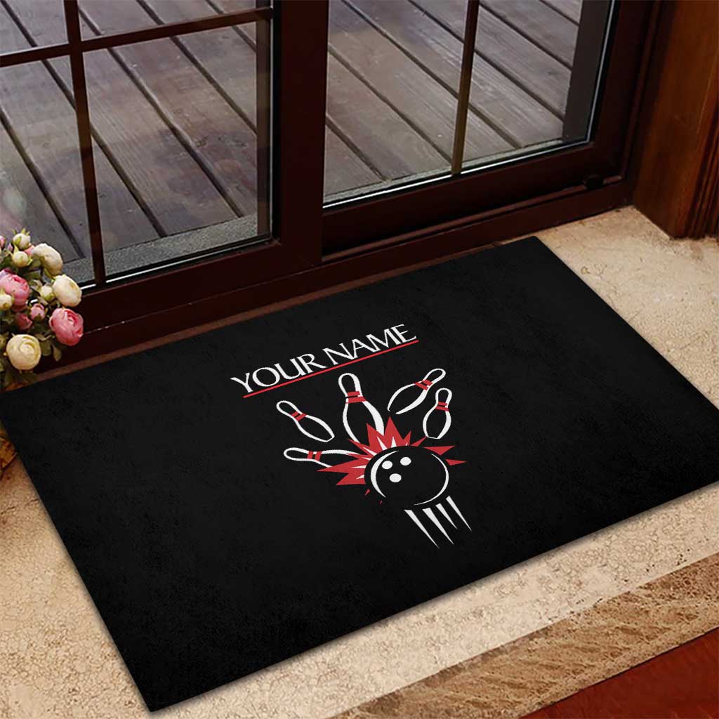 Custom Red and Black Bowling Rubber Doormat with Strike Explosion Graphic Custom Name and Bowler Silhouette - Wonder Print Shop