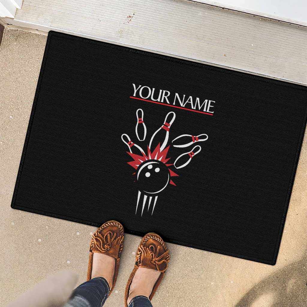 Custom Red and Black Bowling Rubber Doormat with Strike Explosion Graphic Custom Name and Bowler Silhouette - Wonder Print Shop