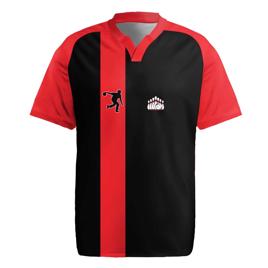 Custom Red and Black Bowling Rugby Jersey with Strike Explosion Graphic Custom Name and Bowler Silhouette - Wonder Print Shop
