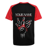 Custom Red and Black Bowling Rugby Jersey with Strike Explosion Graphic Custom Name and Bowler Silhouette - Wonder Print Shop