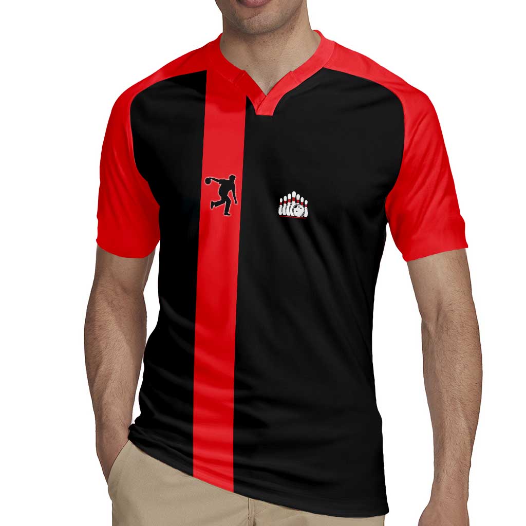 Custom Red and Black Bowling Rugby Jersey with Strike Explosion Graphic Custom Name and Bowler Silhouette - Wonder Print Shop