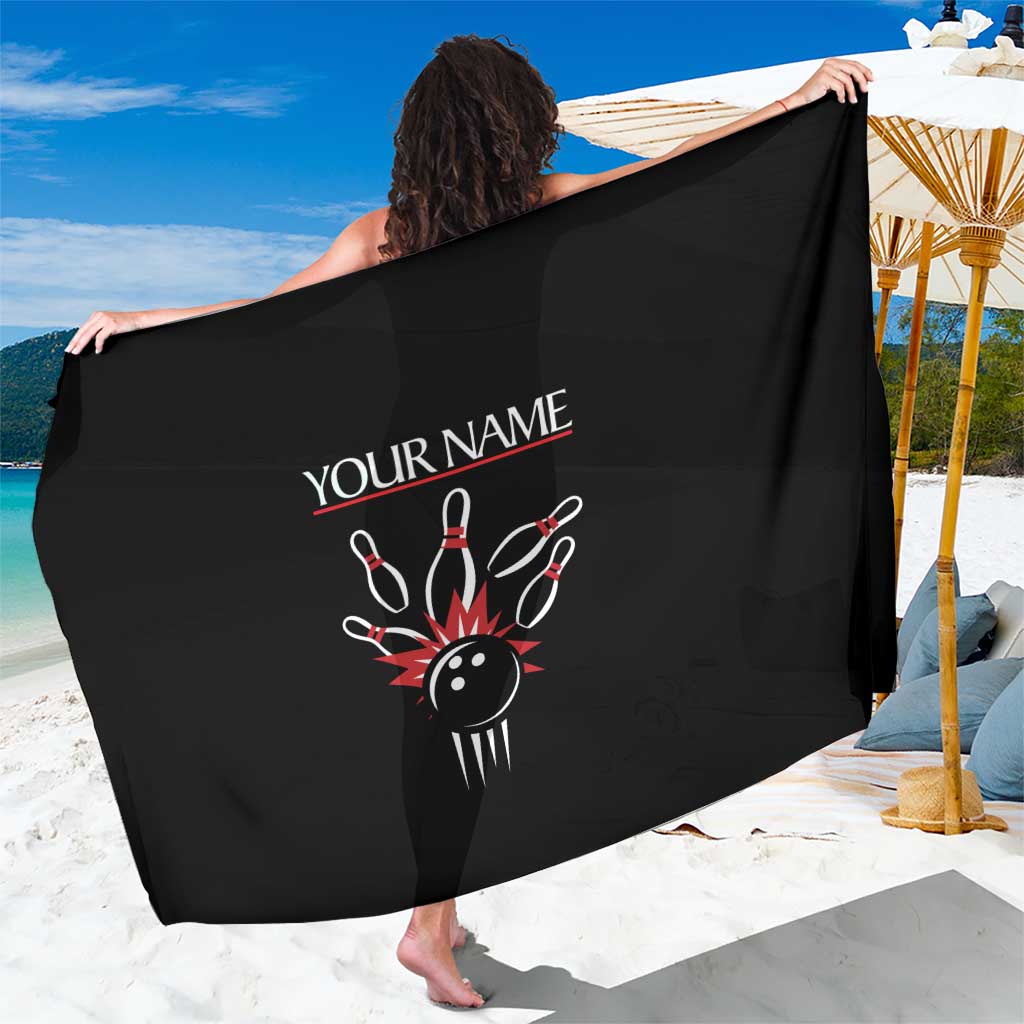 Custom Red and Black Bowling Sarong with Strike Explosion Graphic Custom Name and Bowler Silhouette - Wonder Print Shop