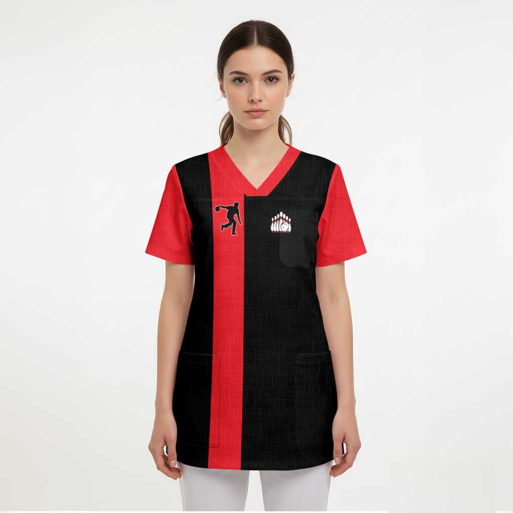 Custom Red and Black Bowling Scrub Top with Strike Explosion Graphic Custom Name and Bowler Silhouette - Wonder Print Shop