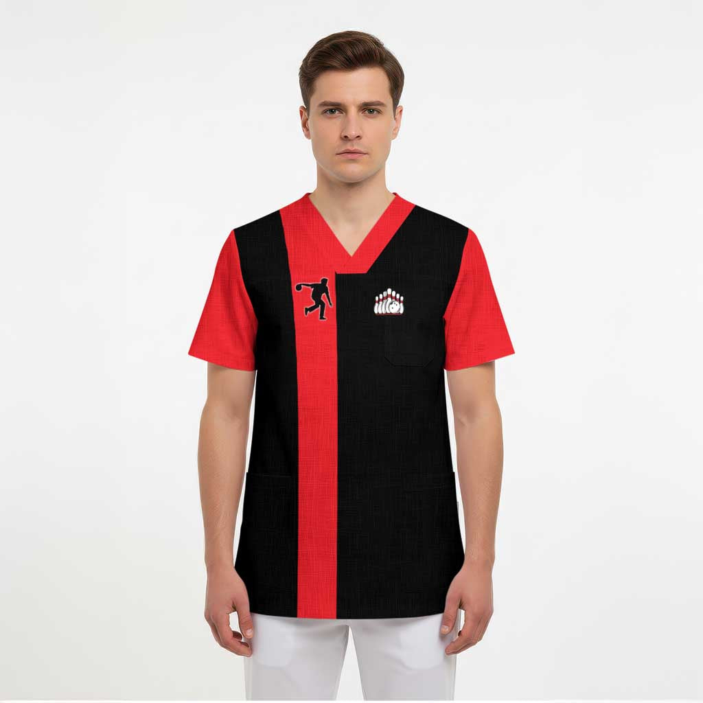 Custom Red and Black Bowling Scrub Top with Strike Explosion Graphic Custom Name and Bowler Silhouette - Wonder Print Shop