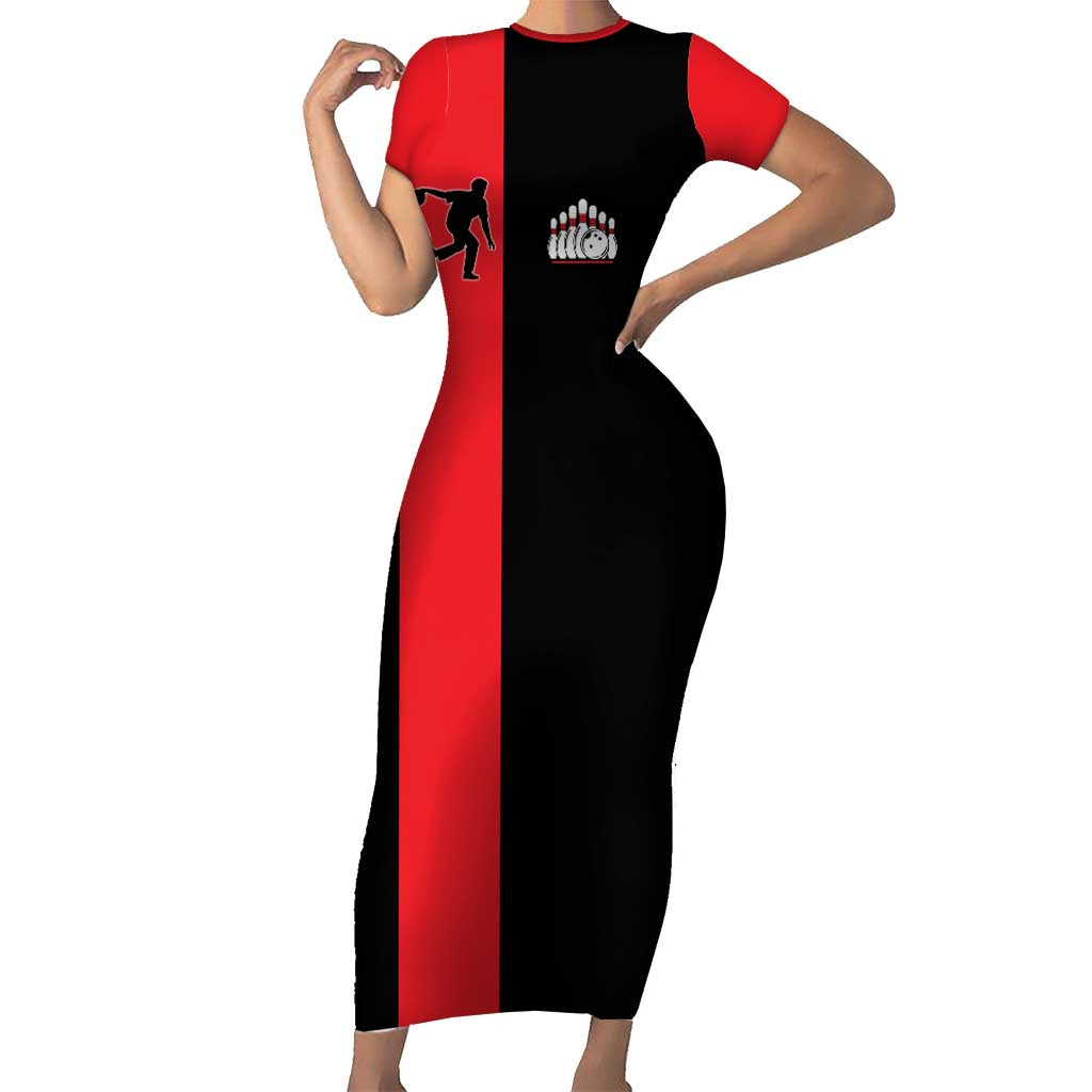 Custom Red and Black Bowling Short Sleeve Bodycon Dress with Strike Explosion Graphic Custom Name and Bowler Silhouette - Wonder Print Shop