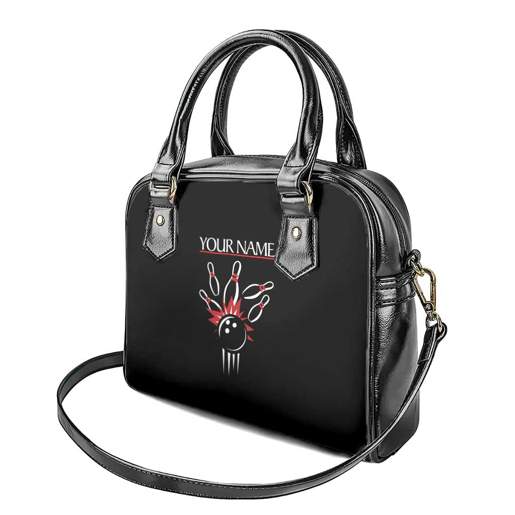 Custom Red and Black Bowling Shoulder Handbag with Strike Explosion Graphic Custom Name and Bowler Silhouette - Wonder Print Shop