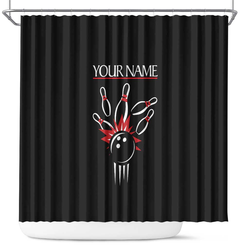 Custom Red and Black Bowling Shower Curtain with Strike Explosion Graphic Custom Name and Bowler Silhouette - Wonder Print Shop