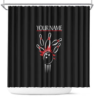 Custom Red and Black Bowling Shower Curtain with Strike Explosion Graphic Custom Name and Bowler Silhouette - Wonder Print Shop