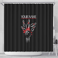 Custom Red and Black Bowling Shower Curtain with Strike Explosion Graphic Custom Name and Bowler Silhouette - Wonder Print Shop