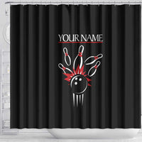 Custom Red and Black Bowling Shower Curtain with Strike Explosion Graphic Custom Name and Bowler Silhouette - Wonder Print Shop