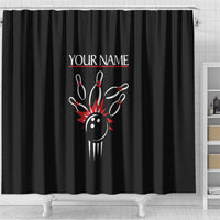 Custom Red and Black Bowling Shower Curtain with Strike Explosion Graphic Custom Name and Bowler Silhouette - Wonder Print Shop
