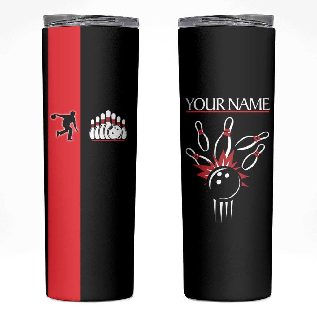 Custom Red and Black Bowling Skinny Tumbler with Strike Explosion Graphic Custom Name and Bowler Silhouette - Wonder Print Shop