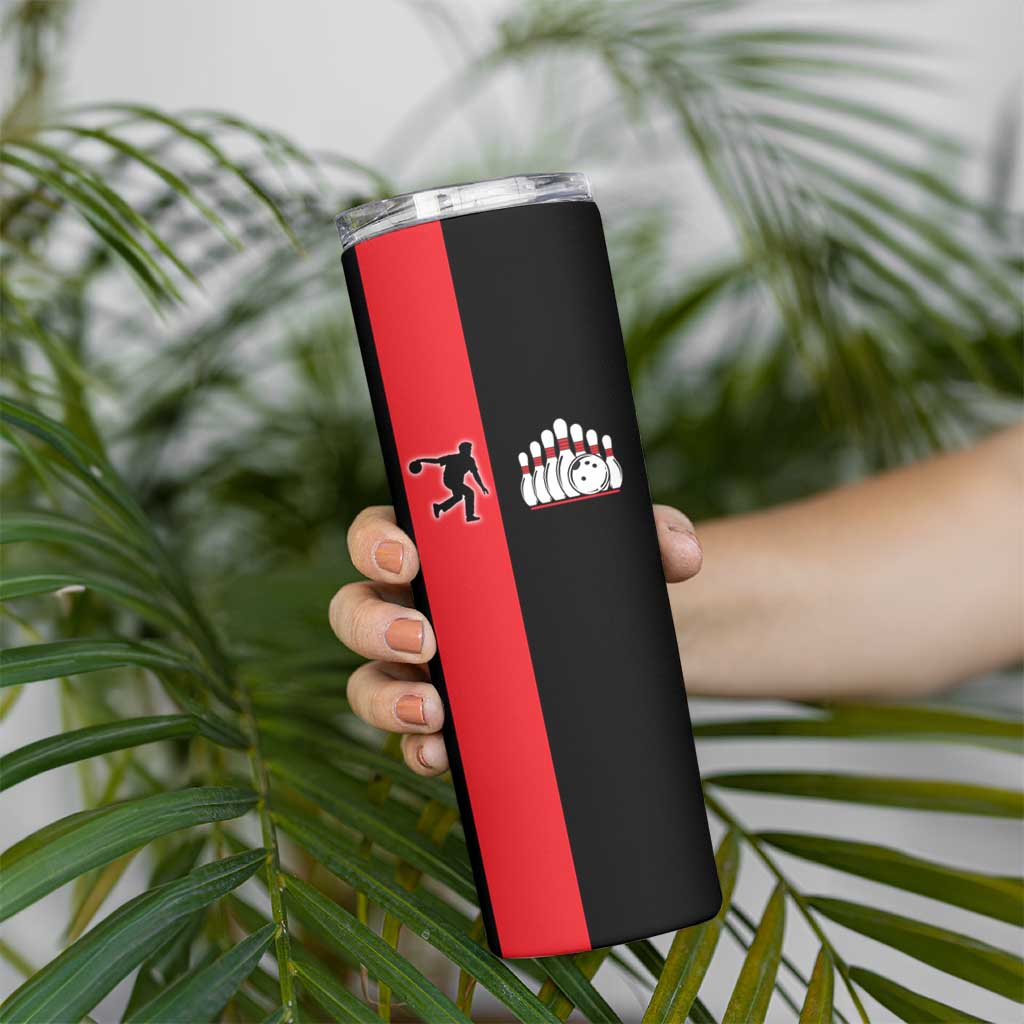 Custom Red and Black Bowling Skinny Tumbler with Strike Explosion Graphic Custom Name and Bowler Silhouette - Wonder Print Shop