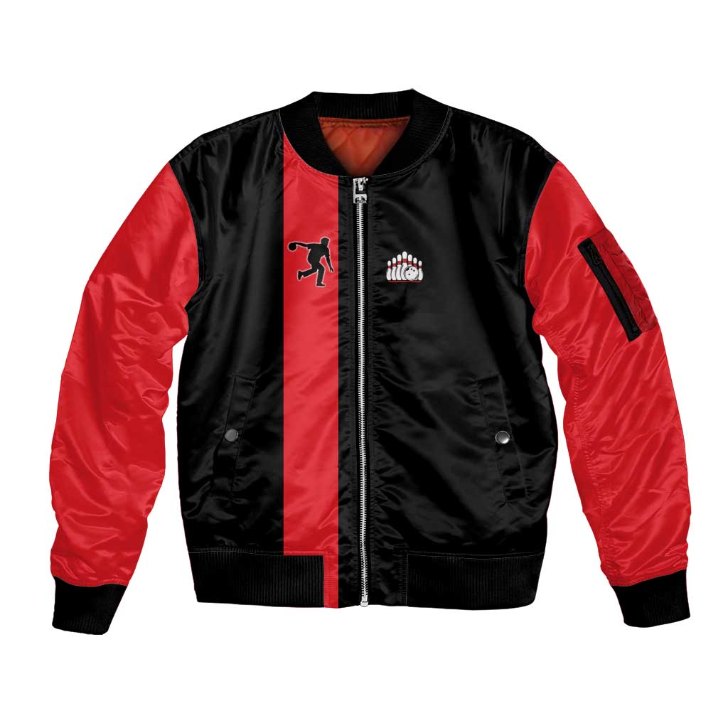Custom Red and Black Bowling Sleeve Zip Bomber Jacket with Strike Explosion Graphic Custom Name and Bowler Silhouette - Wonder Print Shop