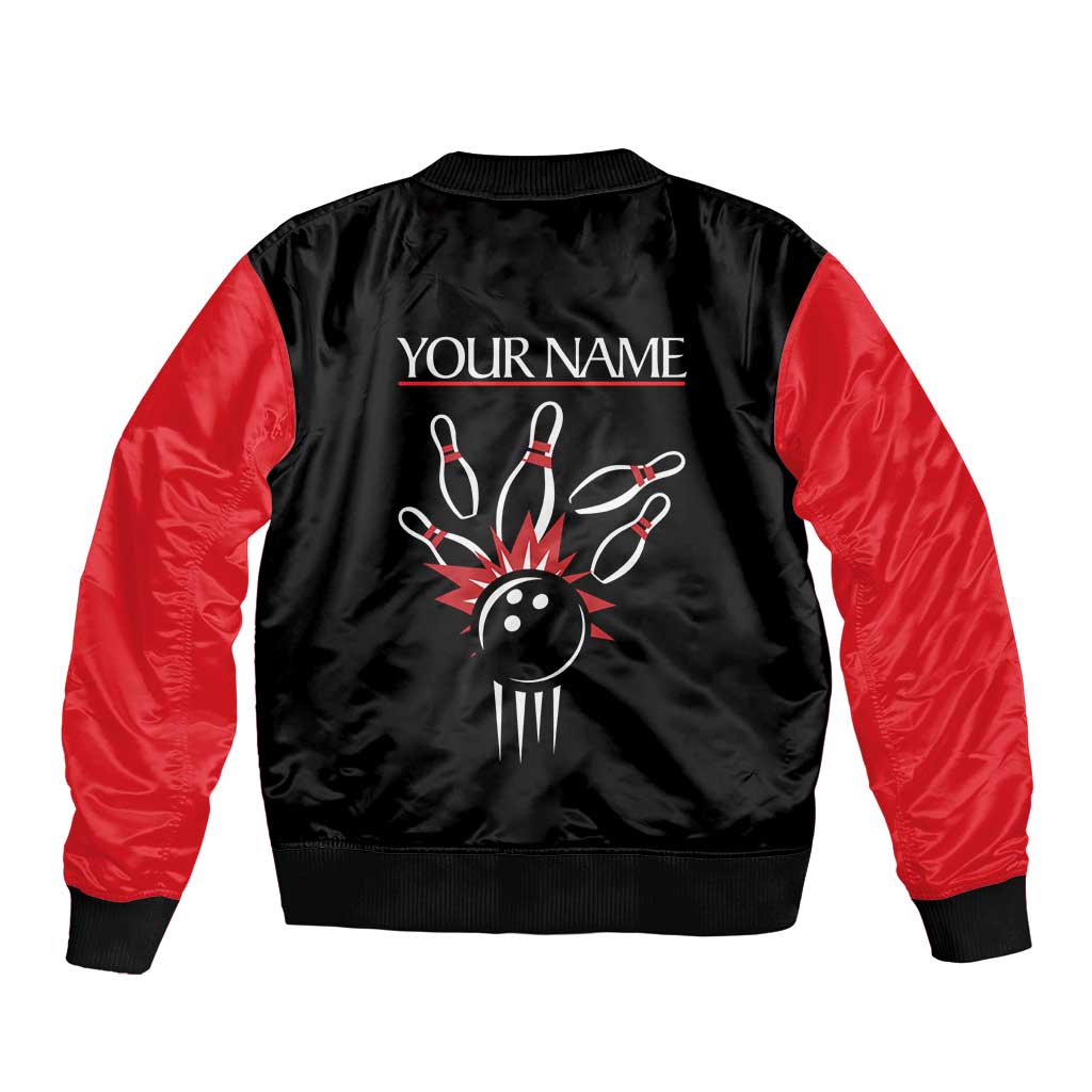Custom Red and Black Bowling Sleeve Zip Bomber Jacket with Strike Explosion Graphic Custom Name and Bowler Silhouette - Wonder Print Shop