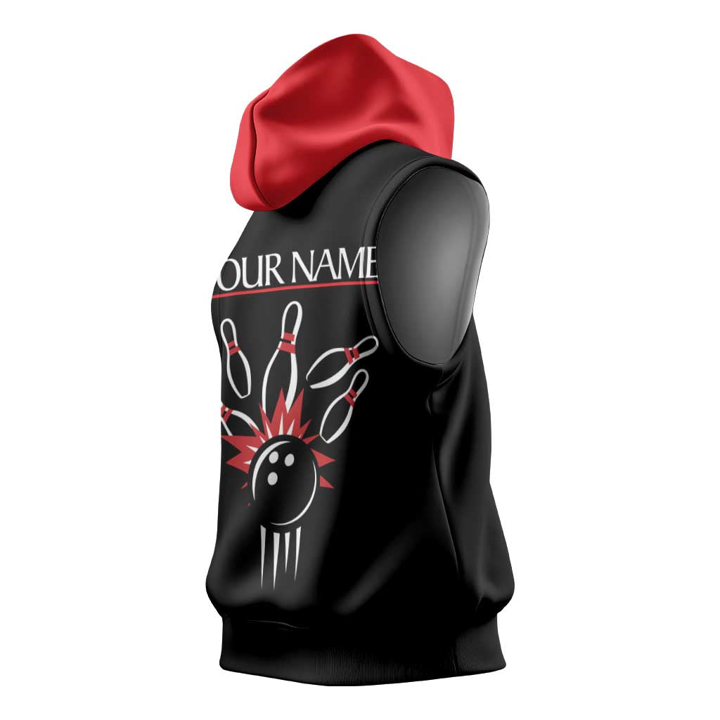 Custom Red and Black Bowling Sleeveless Hoodie with Strike Explosion Graphic Custom Name and Bowler Silhouette - Wonder Print Shop