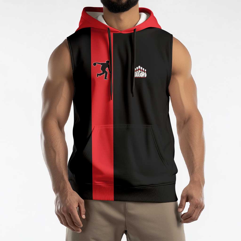 Custom Red and Black Bowling Sleeveless Hoodie with Strike Explosion Graphic Custom Name and Bowler Silhouette - Wonder Print Shop