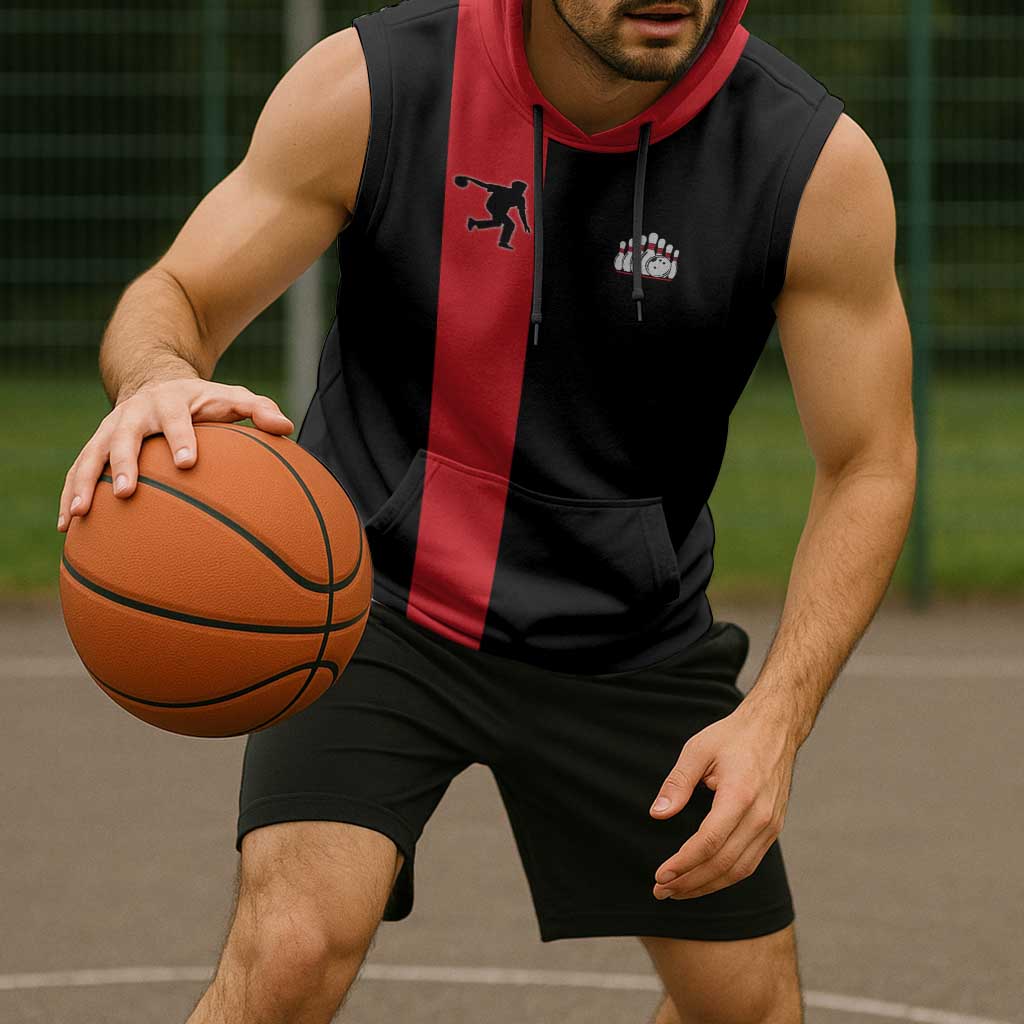 Custom Red and Black Bowling Sleeveless Hoodie with Strike Explosion Graphic Custom Name and Bowler Silhouette - Wonder Print Shop