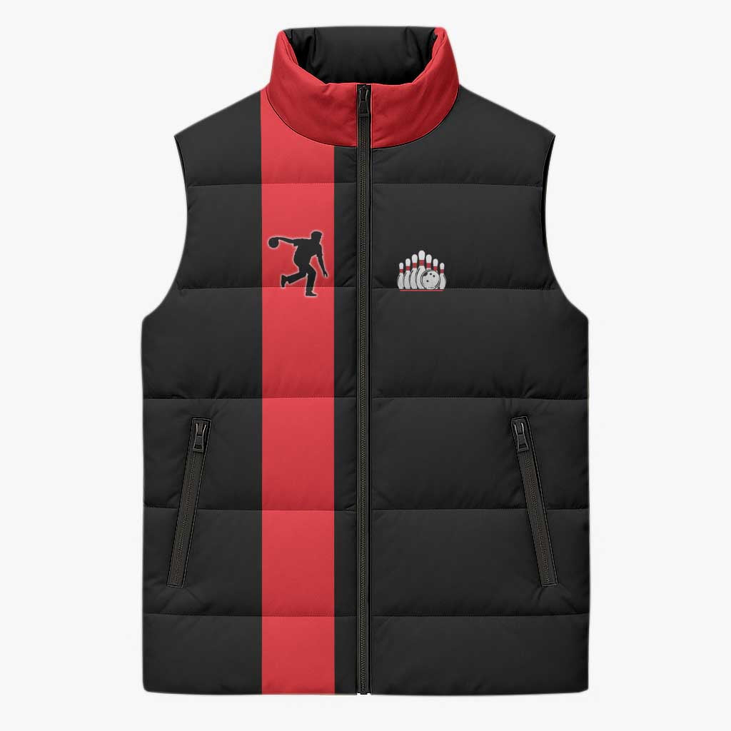 Custom Red and Black Bowling Sleeveless Puffer Jacket with Strike Explosion Graphic Custom Name and Bowler Silhouette - Wonder Print Shop