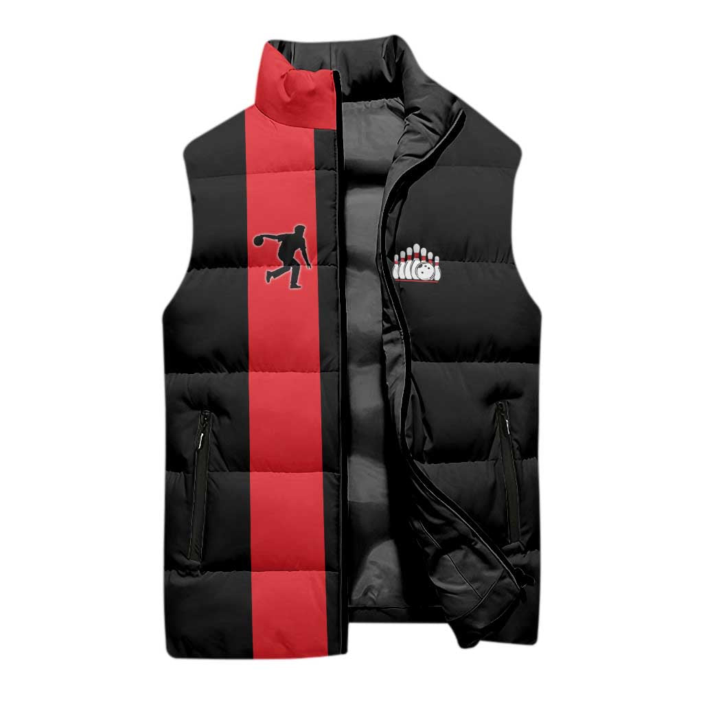 Custom Red and Black Bowling Sleeveless Puffer Jacket with Strike Explosion Graphic Custom Name and Bowler Silhouette - Wonder Print Shop