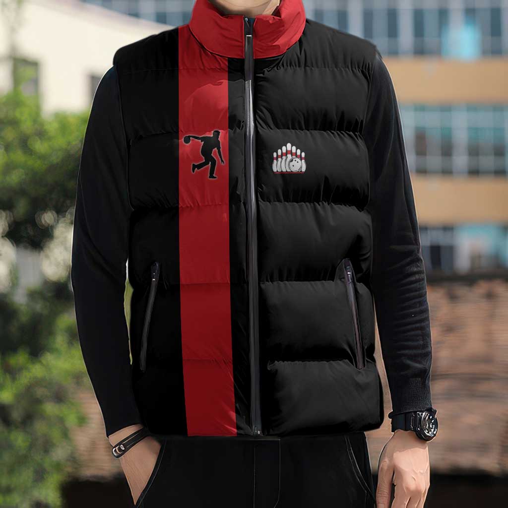 Custom Red and Black Bowling Sleeveless Puffer Jacket with Strike Explosion Graphic Custom Name and Bowler Silhouette - Wonder Print Shop