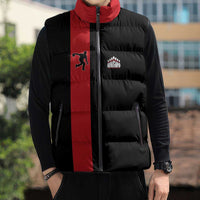 Custom Red and Black Bowling Sleeveless Puffer Jacket with Strike Explosion Graphic Custom Name and Bowler Silhouette - Wonder Print Shop
