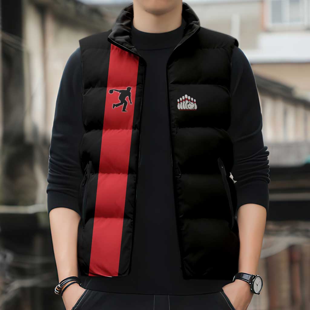 Custom Red and Black Bowling Sleeveless Puffer Jacket with Strike Explosion Graphic Custom Name and Bowler Silhouette - Wonder Print Shop