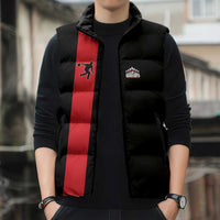 Custom Red and Black Bowling Sleeveless Puffer Jacket with Strike Explosion Graphic Custom Name and Bowler Silhouette - Wonder Print Shop
