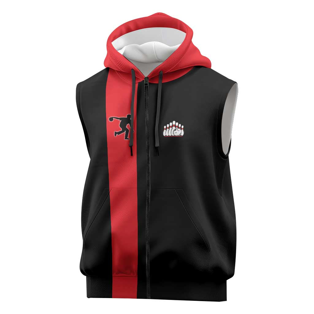 Custom Red and Black Bowling Sleeveless Zip Hoodie with Strike Explosion Graphic Custom Name and Bowler Silhouette - Wonder Print Shop