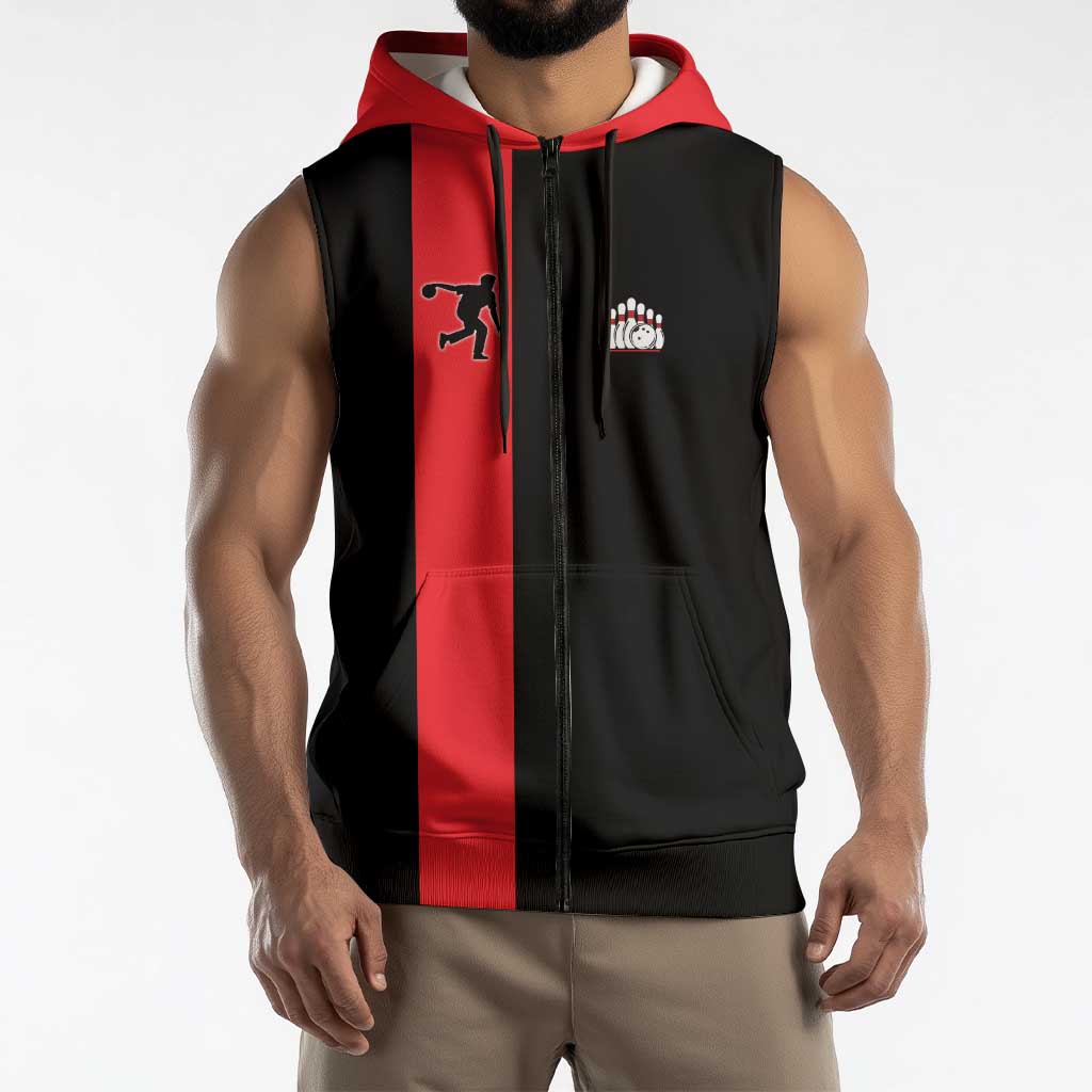 Custom Red and Black Bowling Sleeveless Zip Hoodie with Strike Explosion Graphic Custom Name and Bowler Silhouette - Wonder Print Shop