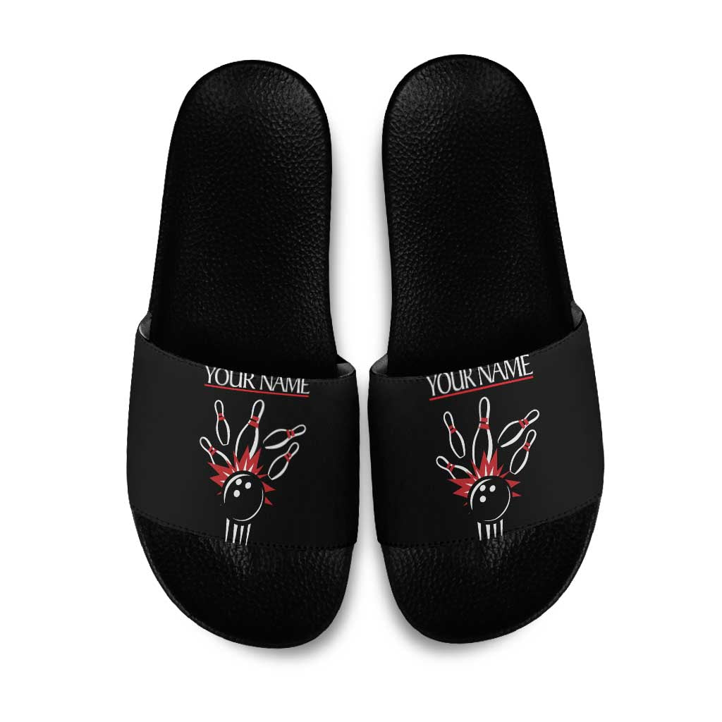 Custom Red and Black Bowling Slide Sandals with Strike Explosion Graphic Custom Name and Bowler Silhouette - Wonder Print Shop