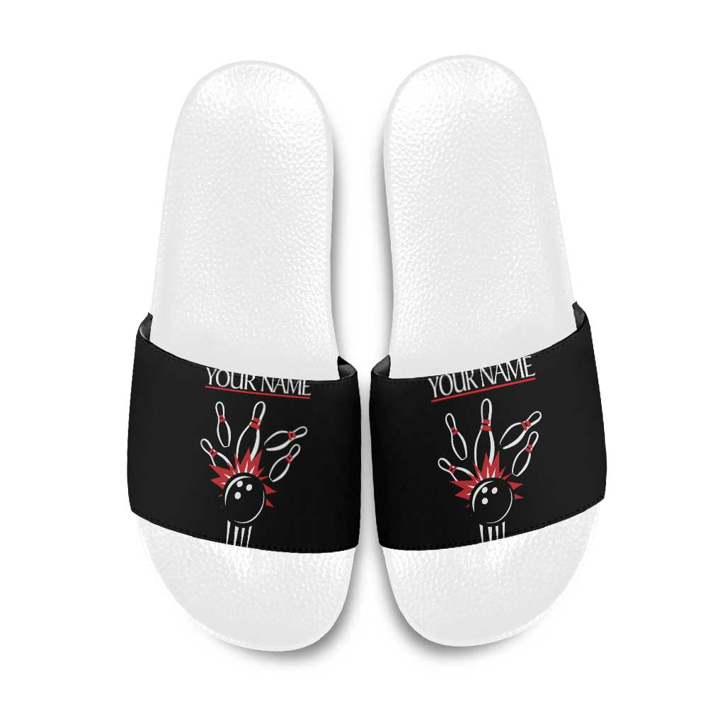 Custom Red and Black Bowling Slide Sandals with Strike Explosion Graphic Custom Name and Bowler Silhouette - Wonder Print Shop