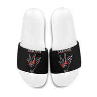 Custom Red and Black Bowling Slide Sandals with Strike Explosion Graphic Custom Name and Bowler Silhouette - Wonder Print Shop