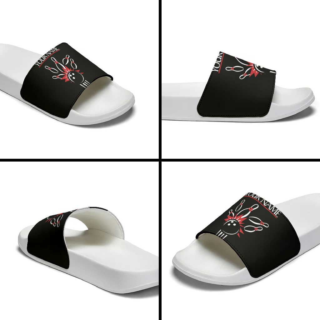 Custom Red and Black Bowling Slide Sandals with Strike Explosion Graphic Custom Name and Bowler Silhouette - Wonder Print Shop